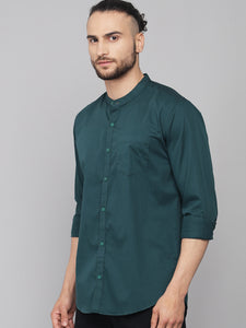 Men's Cotton Dark Green Mandarin Collar Casual Shirt