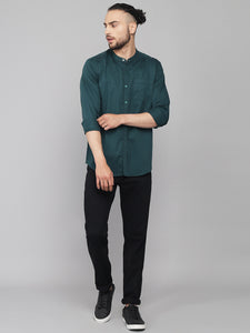 Men's Cotton Dark Green Mandarin Collar Casual Shirt