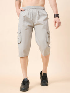 Men's Light Grey Cotton Three Fourth Shorts