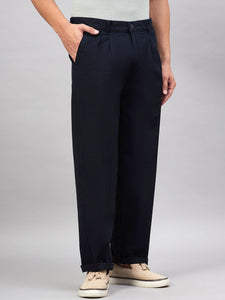 Men Relaxed Dark Blue Pure Cotton Trousers